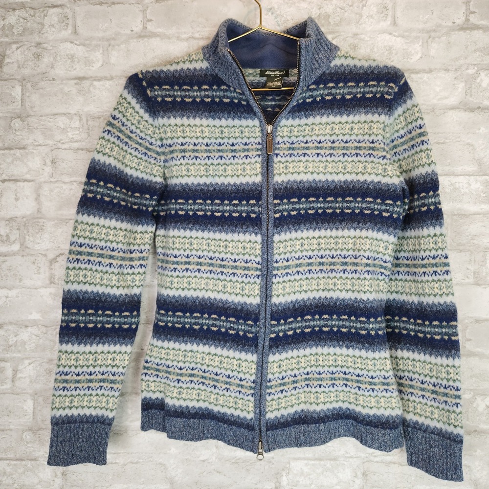Eddie Bauer Sweater Fair Isle 100% Lambswool Full Zip Nordic Blue Women's Size M